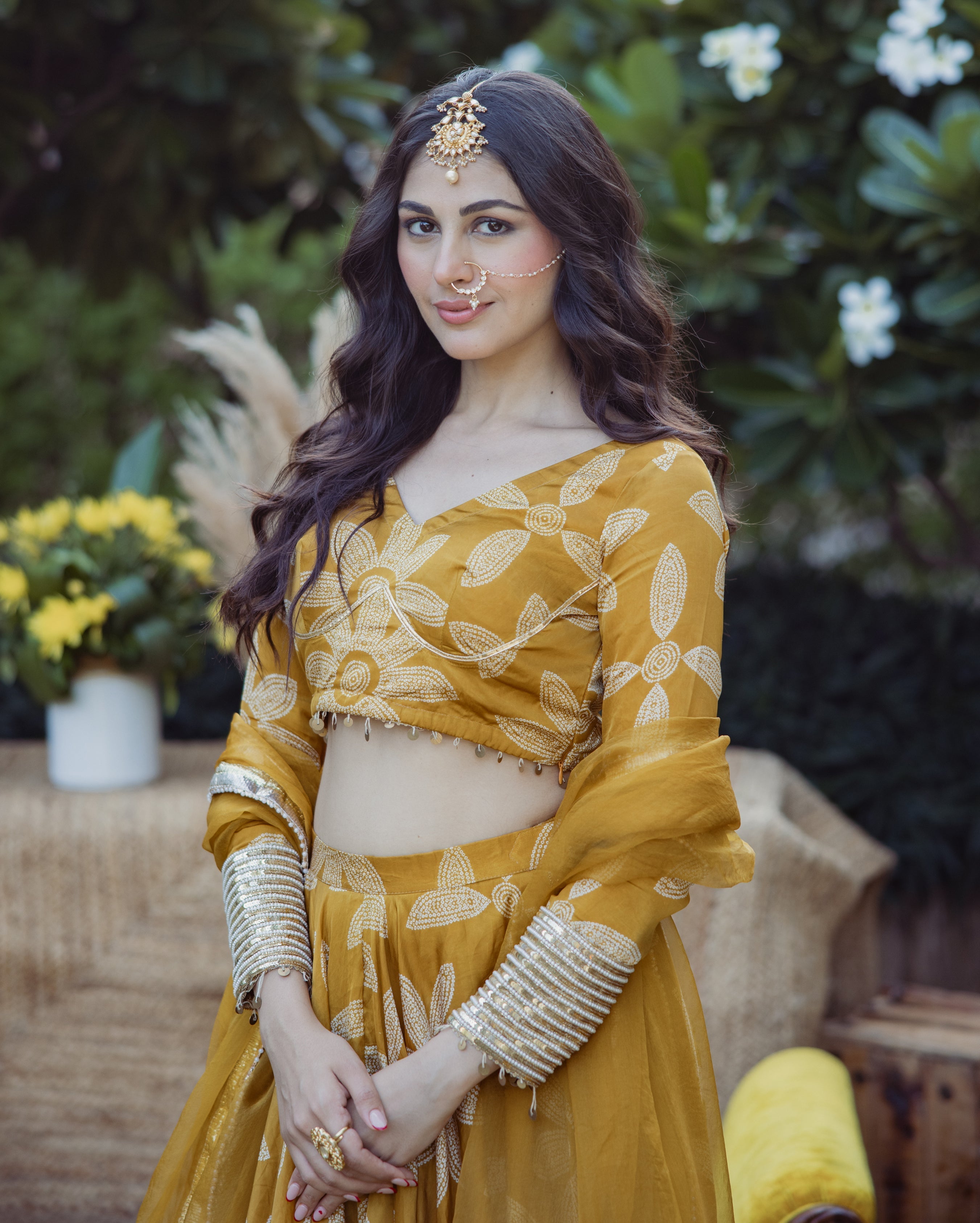 Tulsi Mustard Bandhani Satin Lehenga Set