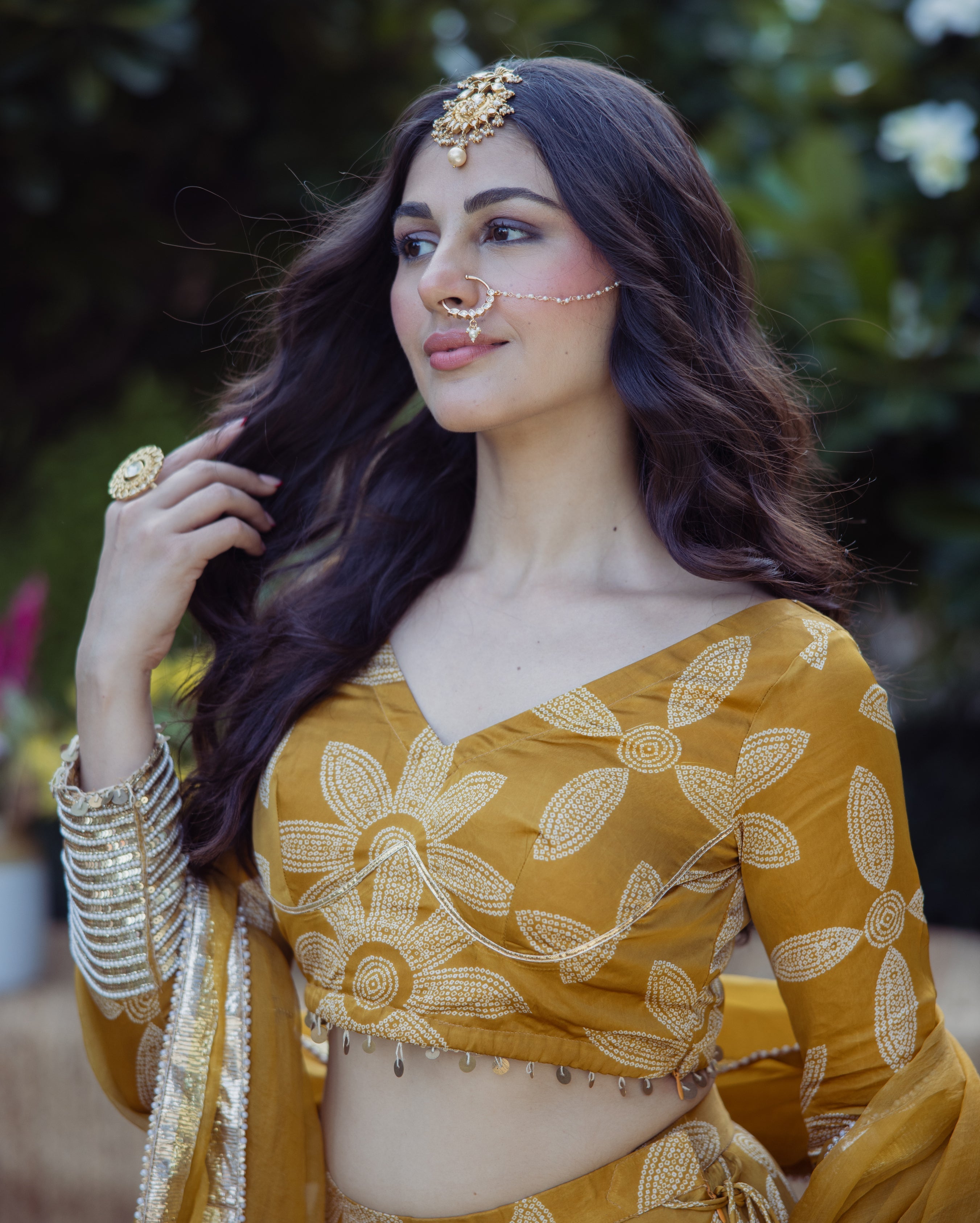 Tulsi Mustard Bandhani Satin Lehenga Set