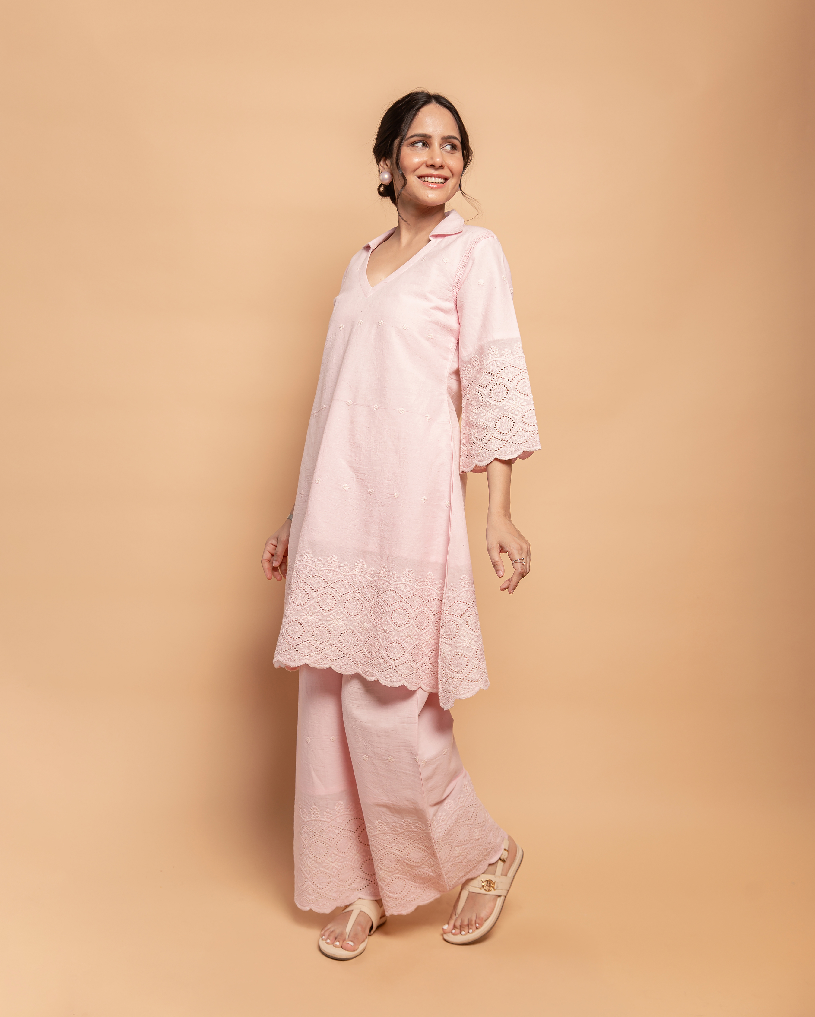 Pale Whisper Pink Cotton Schiffli Coord Set