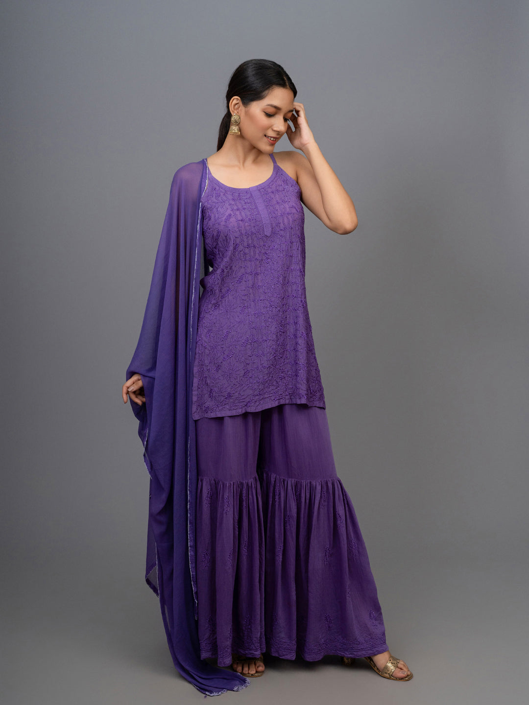 Zehnab! Muslin Chikankari Sharara paired with a sleek spaghetti strap purple kurta