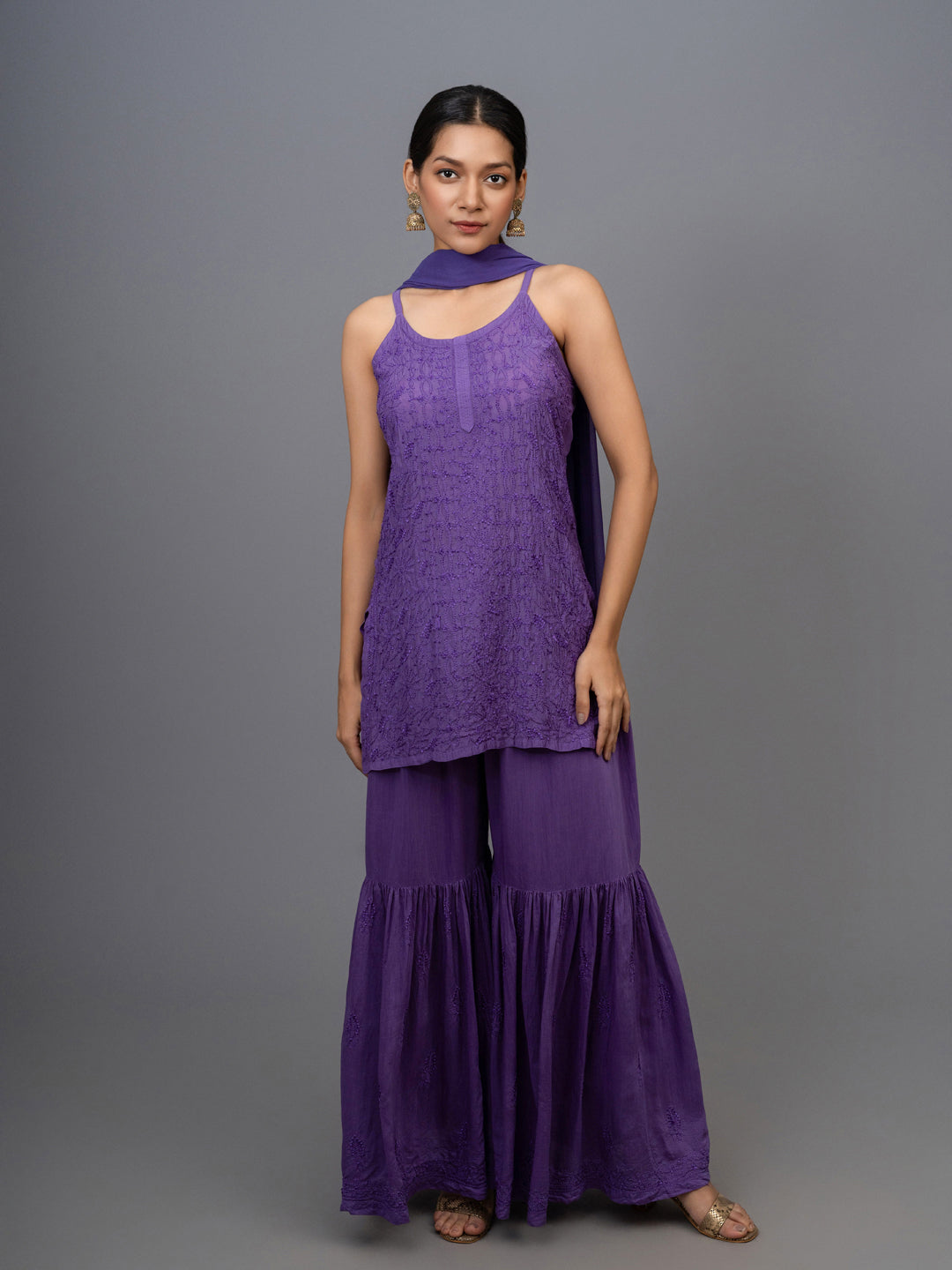 Zehnab! Muslin Chikankari Sharara paired with a sleek spaghetti strap purple kurta