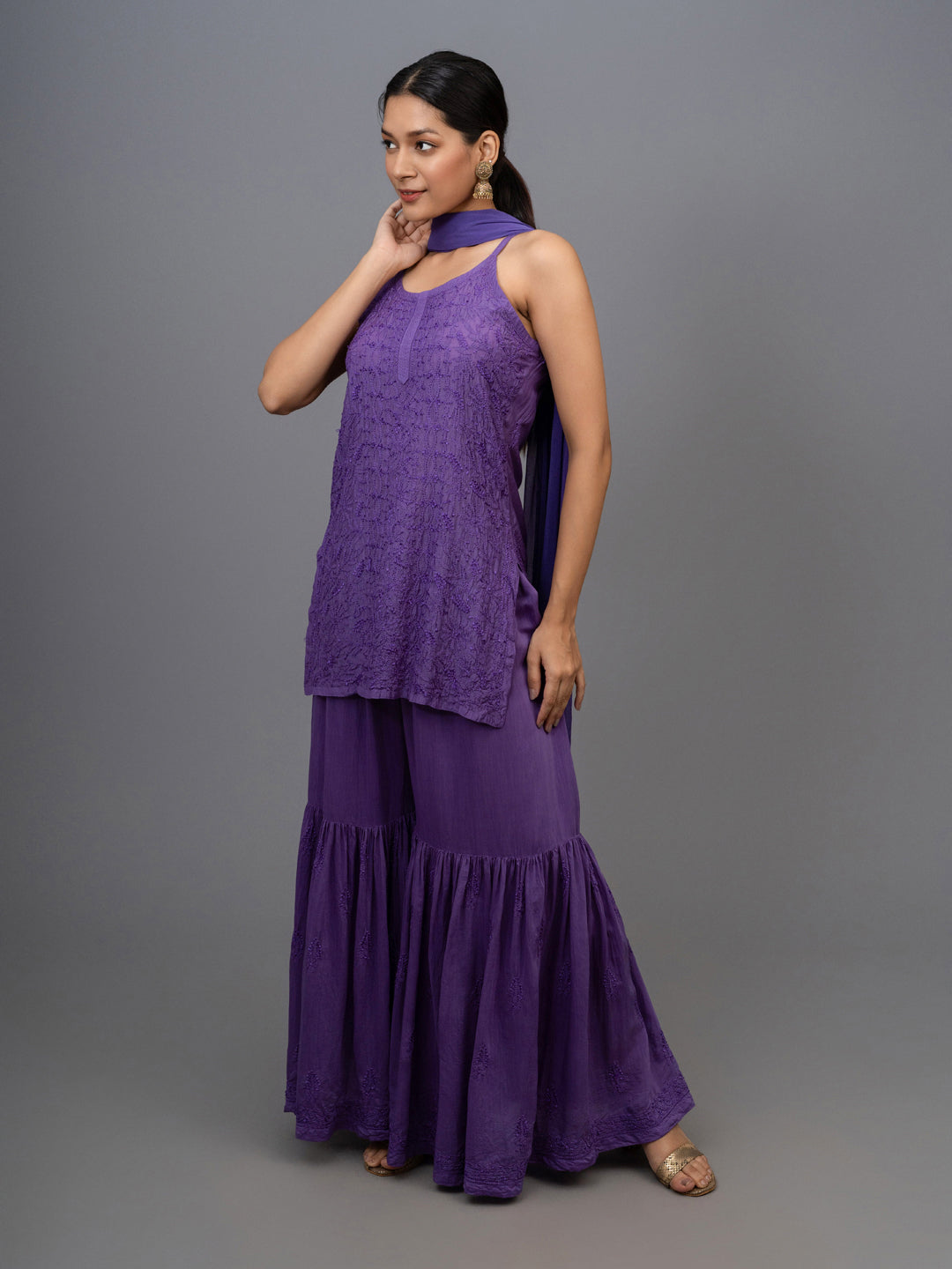 Zehnab! Muslin Chikankari Sharara paired with a sleek spaghetti strap purple kurta