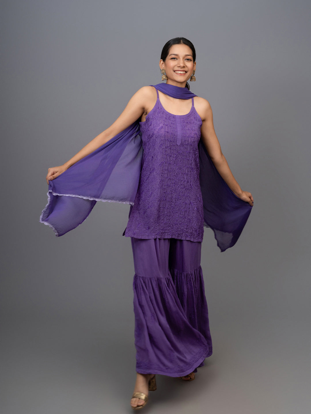 Zehnab! Muslin Chikankari Sharara paired with a sleek spaghetti strap purple kurta