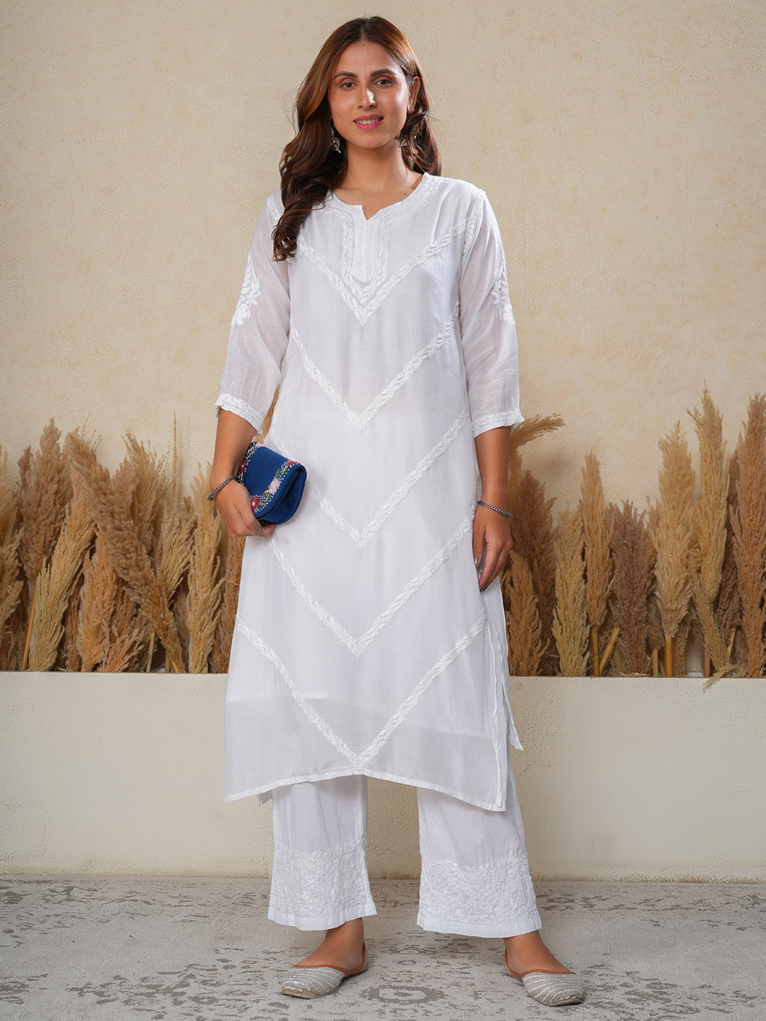 You highness muslin white kurti with Chikankari pants