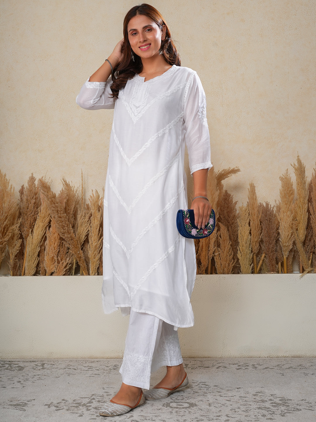 You highness muslin white kurti with Chikankari pants