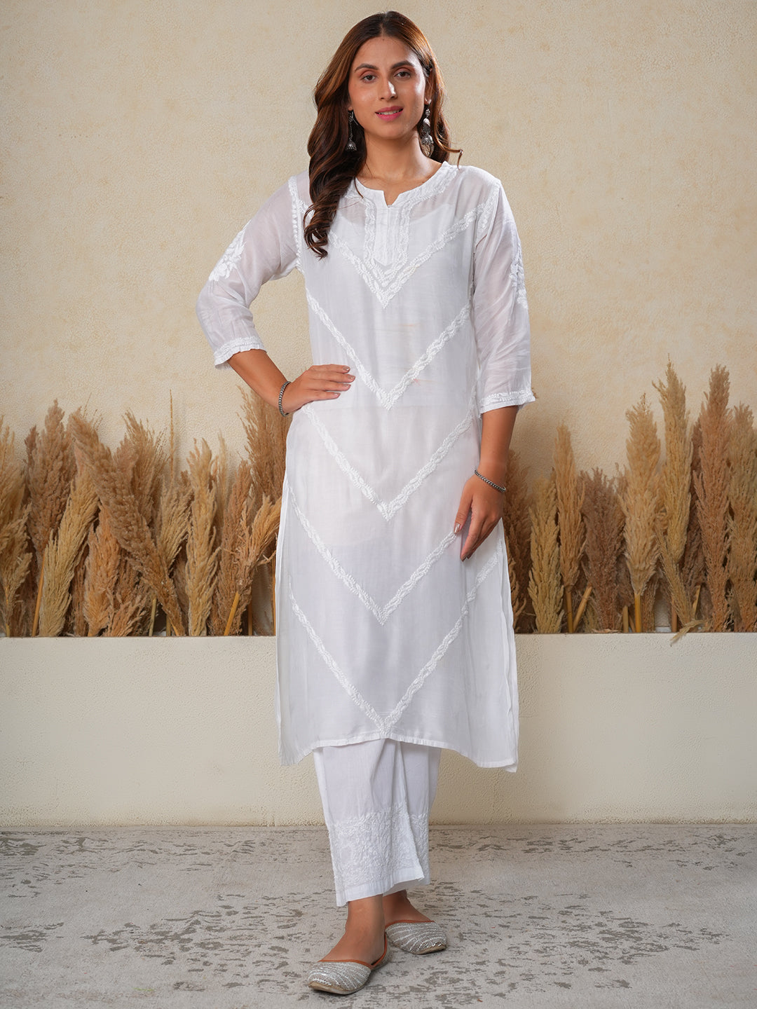 You highness muslin white kurti with Chikankari pants