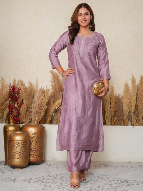 Aafreen:  Chanderi silk suit crafted with Bakhiya Chikankari embroidery- Onion Pink