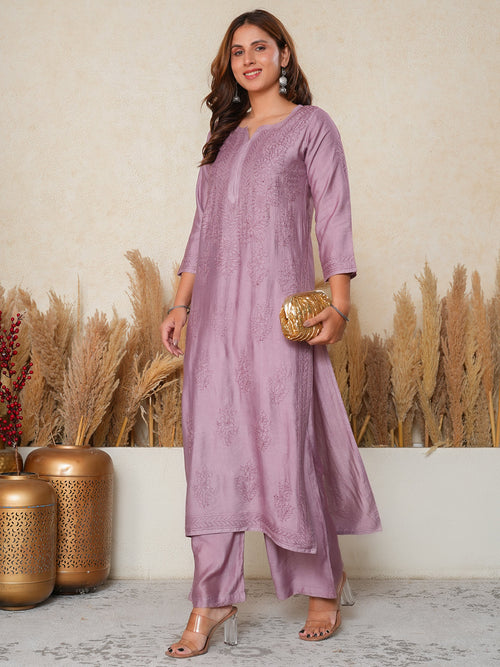 Aafreen:  Chanderi silk suit crafted with Bakhiya Chikankari embroidery- Onion Pink