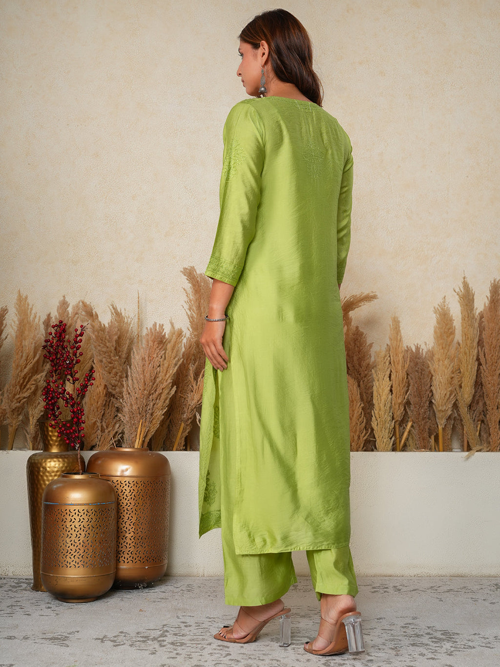 Aafreen:  Chanderi silk suit  traditional Bakhiya chikankari embroidery-Green