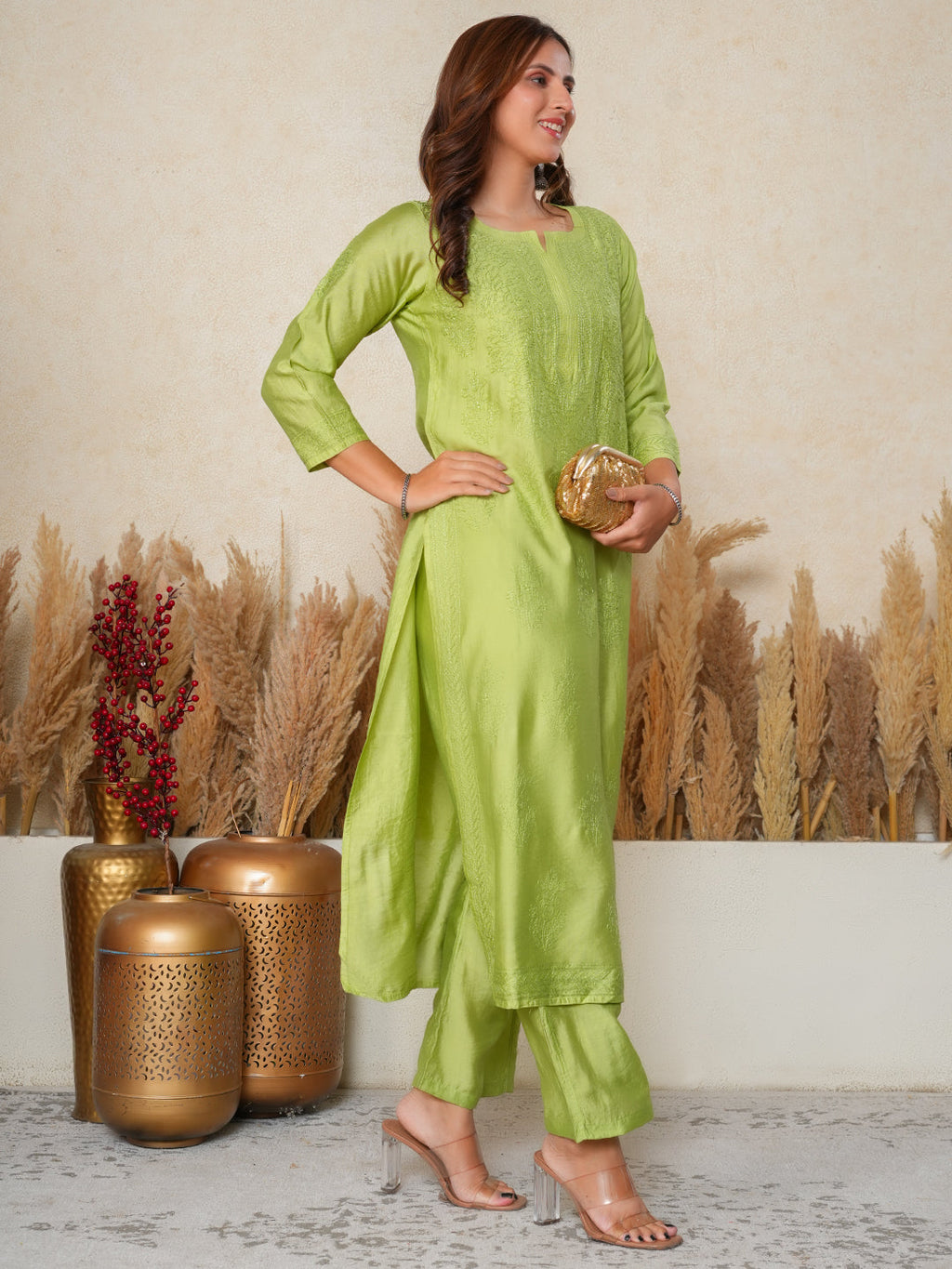 Aafreen:  Chanderi silk suit  traditional Bakhiya chikankari embroidery-Green