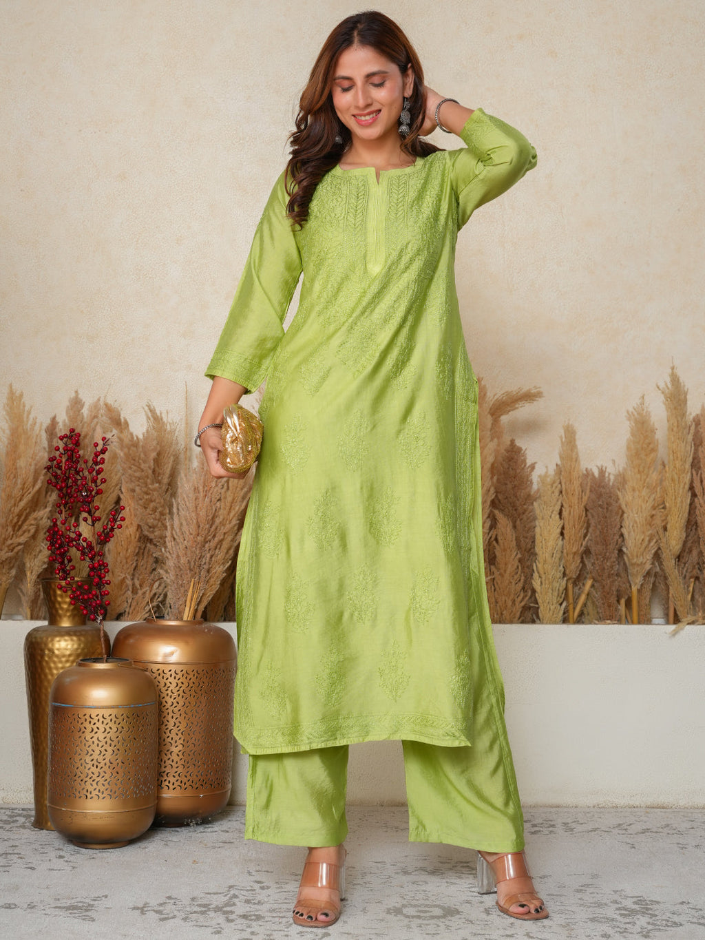 Aafreen:  Chanderi silk suit  traditional Bakhiya chikankari embroidery-Green