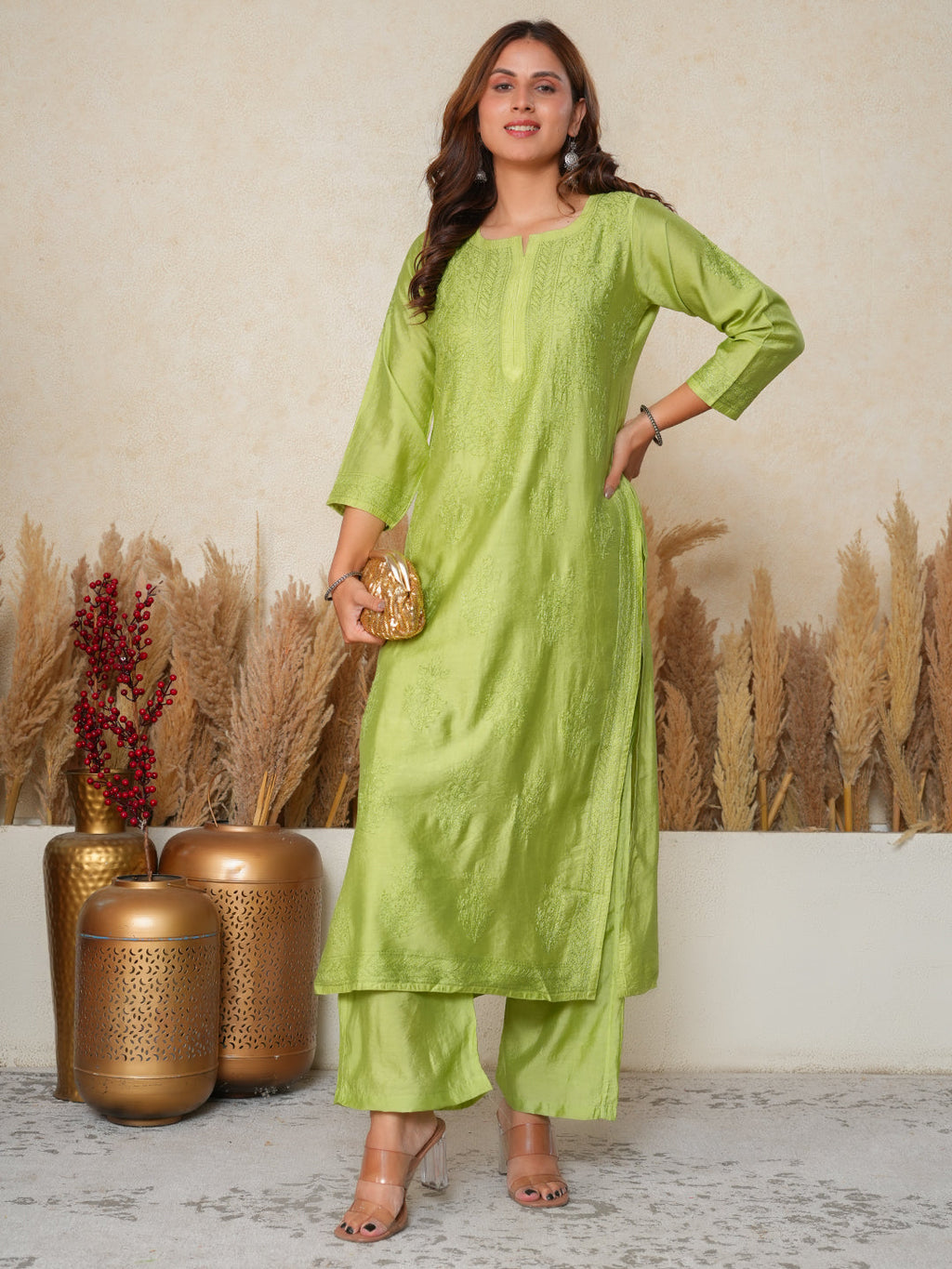 Aafreen:  Chanderi silk suit  traditional Bakhiya chikankari embroidery-Green