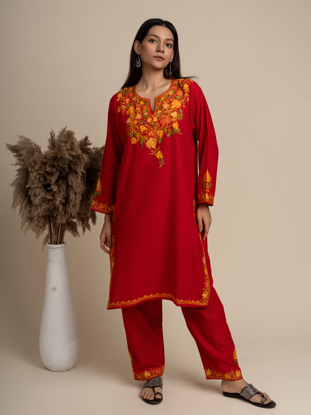 KHIZAN- Cotton Kashmiri AARI Red Kurta with Pant