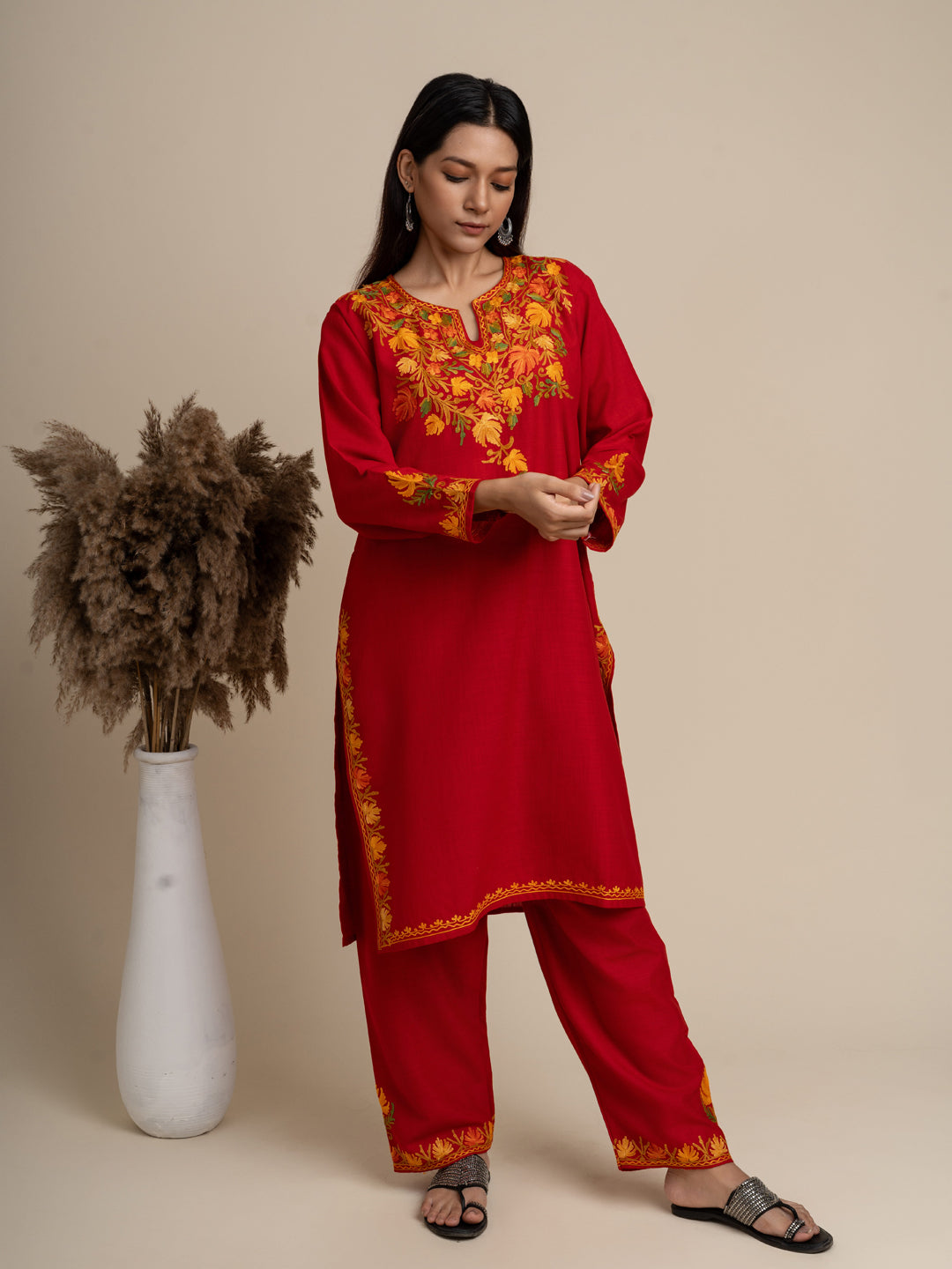 KHIZAN- Cotton Kashmiri AARI Red Kurta with Pant
