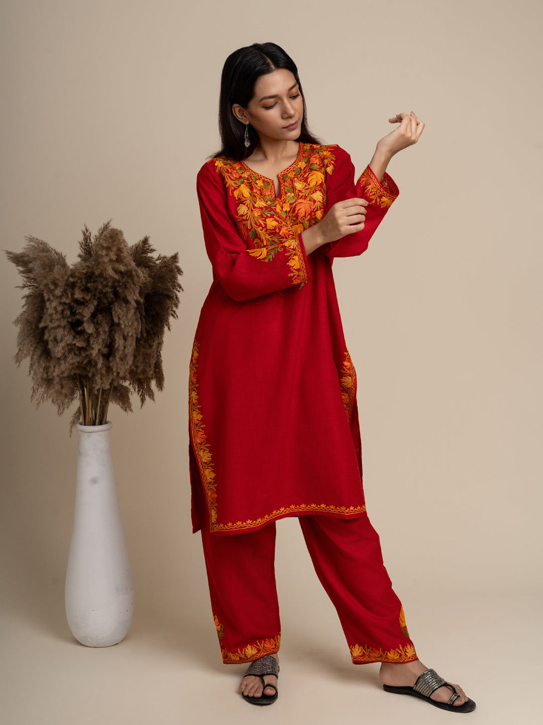 KHIZAN- Cotton Kashmiri AARI Red Kurta with Pant