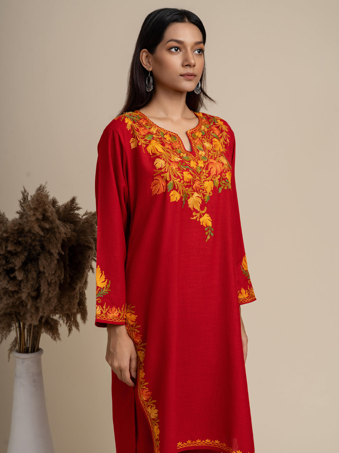 KHIZAN- Cotton Kashmiri AARI Red Kurta with Pant