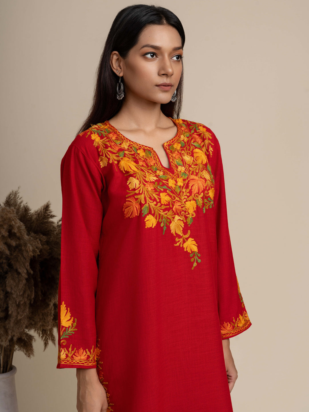 KHIZAN- Cotton Kashmiri AARI Red Kurta with Pant