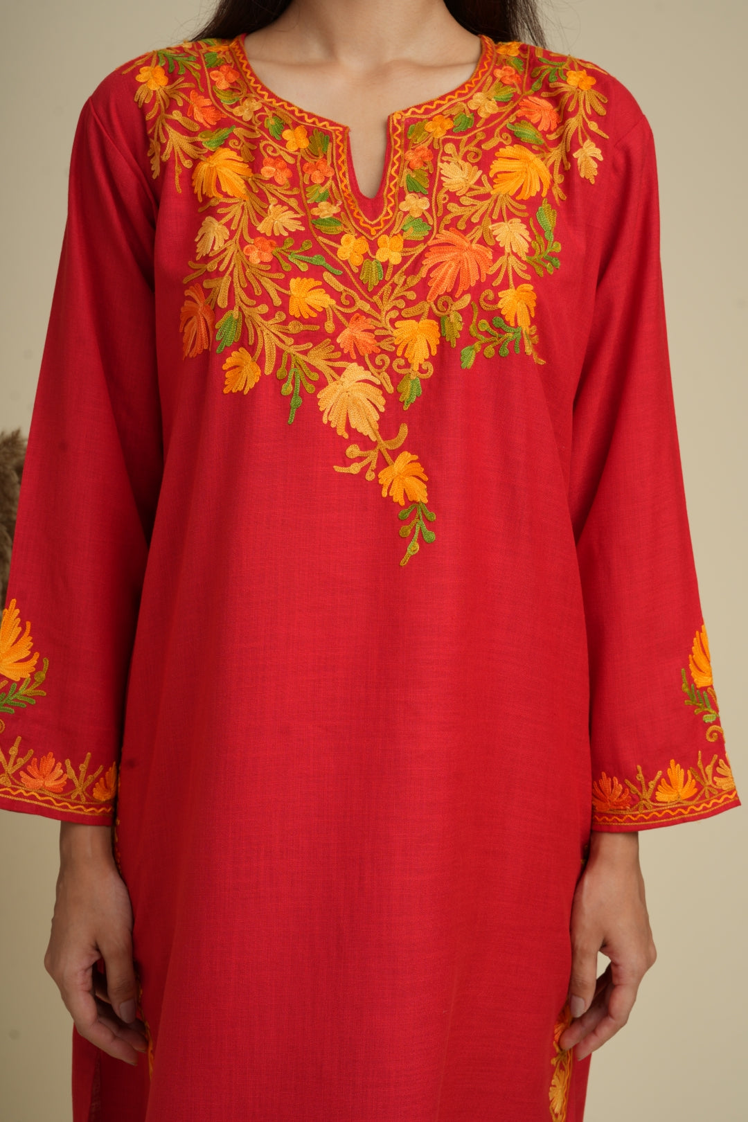 KHIZAN- Cotton Kashmiri AARI Red Kurta with Pant