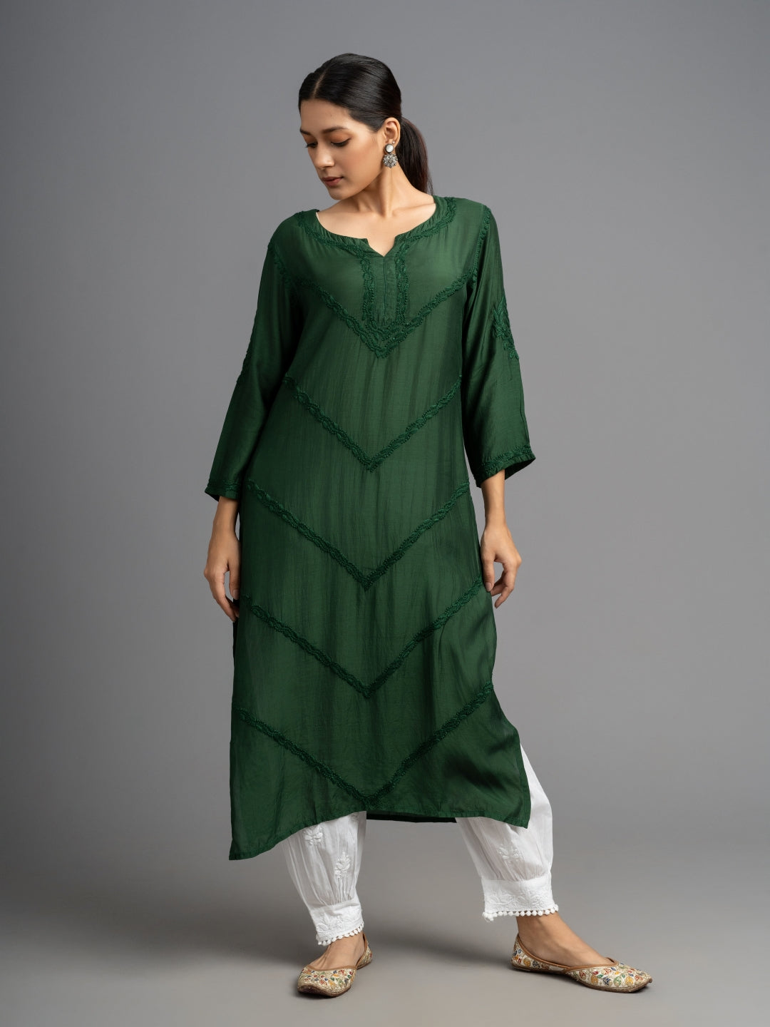 Your Highness: Luxurious Chikankari Premium Muslin straight kurti-Dark Green