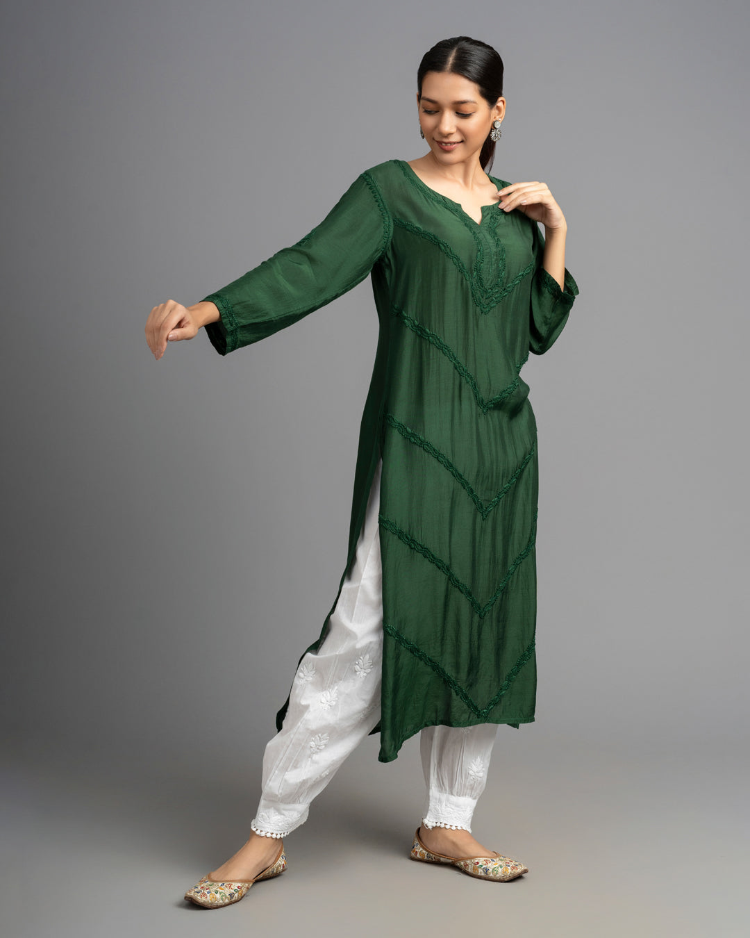 Your Highness: Luxurious Chikankari Premium Muslin straight kurti-Dark Green