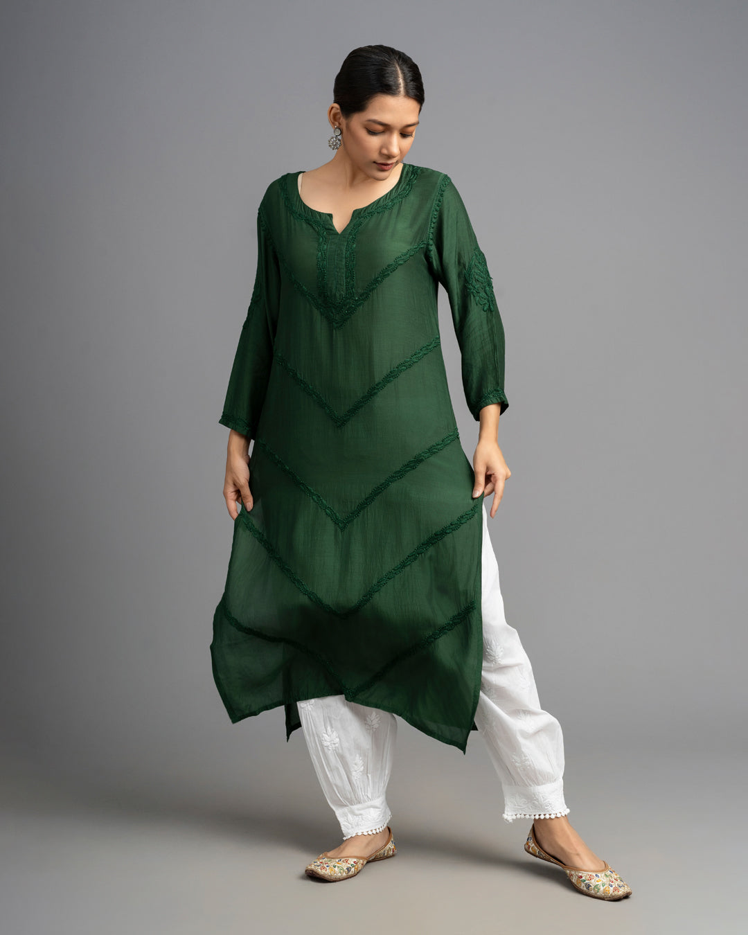 Your Highness: Luxurious Chikankari Premium Muslin straight kurti-Dark Green