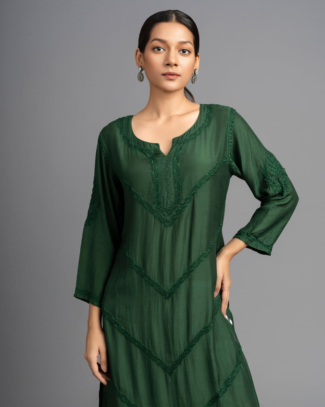 Your Highness: Luxurious Chikankari Premium Muslin straight kurti-Dark Green