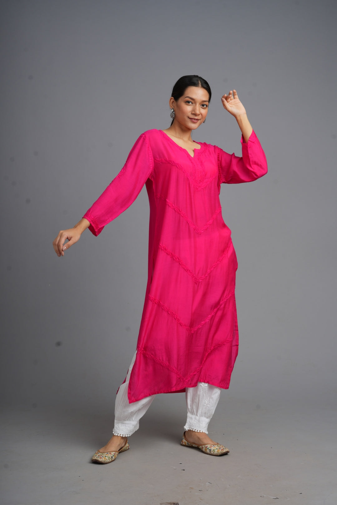 Your Highness: Luxurious Chikankari Premium Muslin straight kurti-Fuscia pink