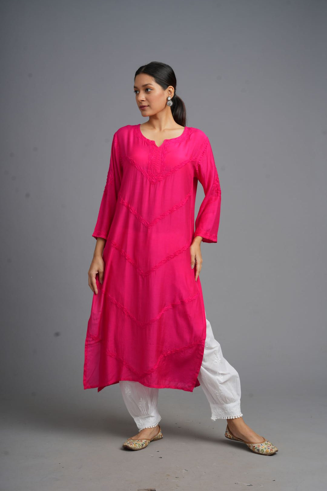 Your Highness: Luxurious Chikankari Premium Muslin straight kurti-Fuscia pink