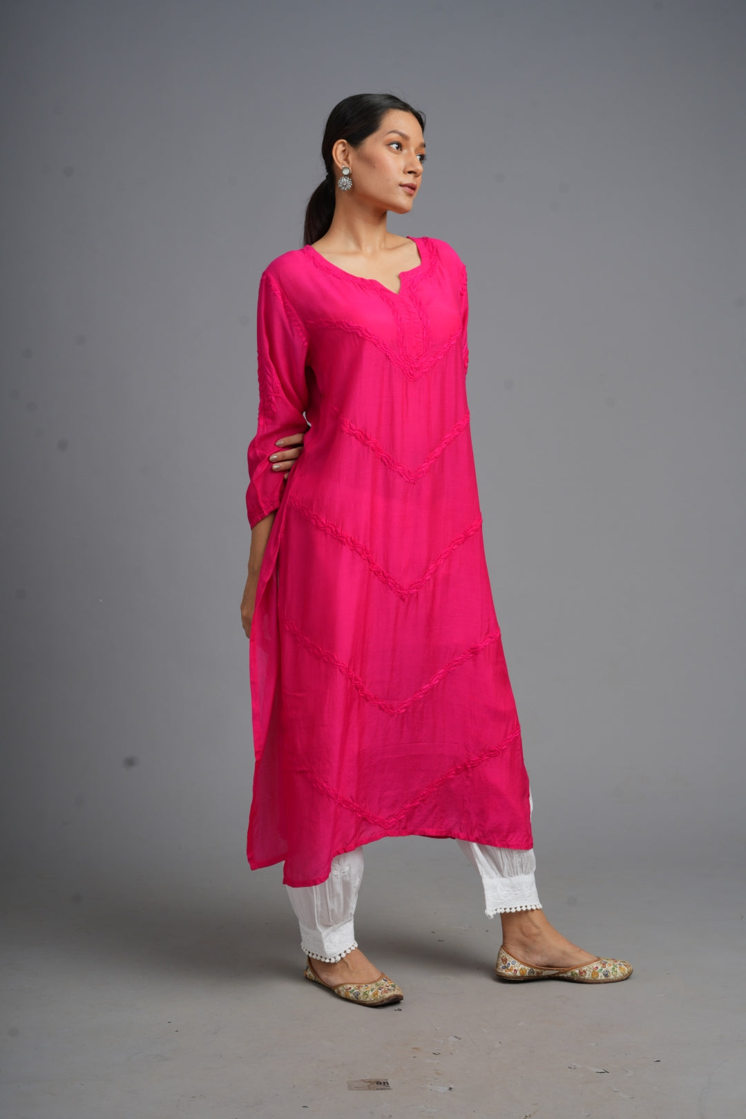 Your Highness: Luxurious Chikankari Premium Muslin straight kurti-Fuscia pink