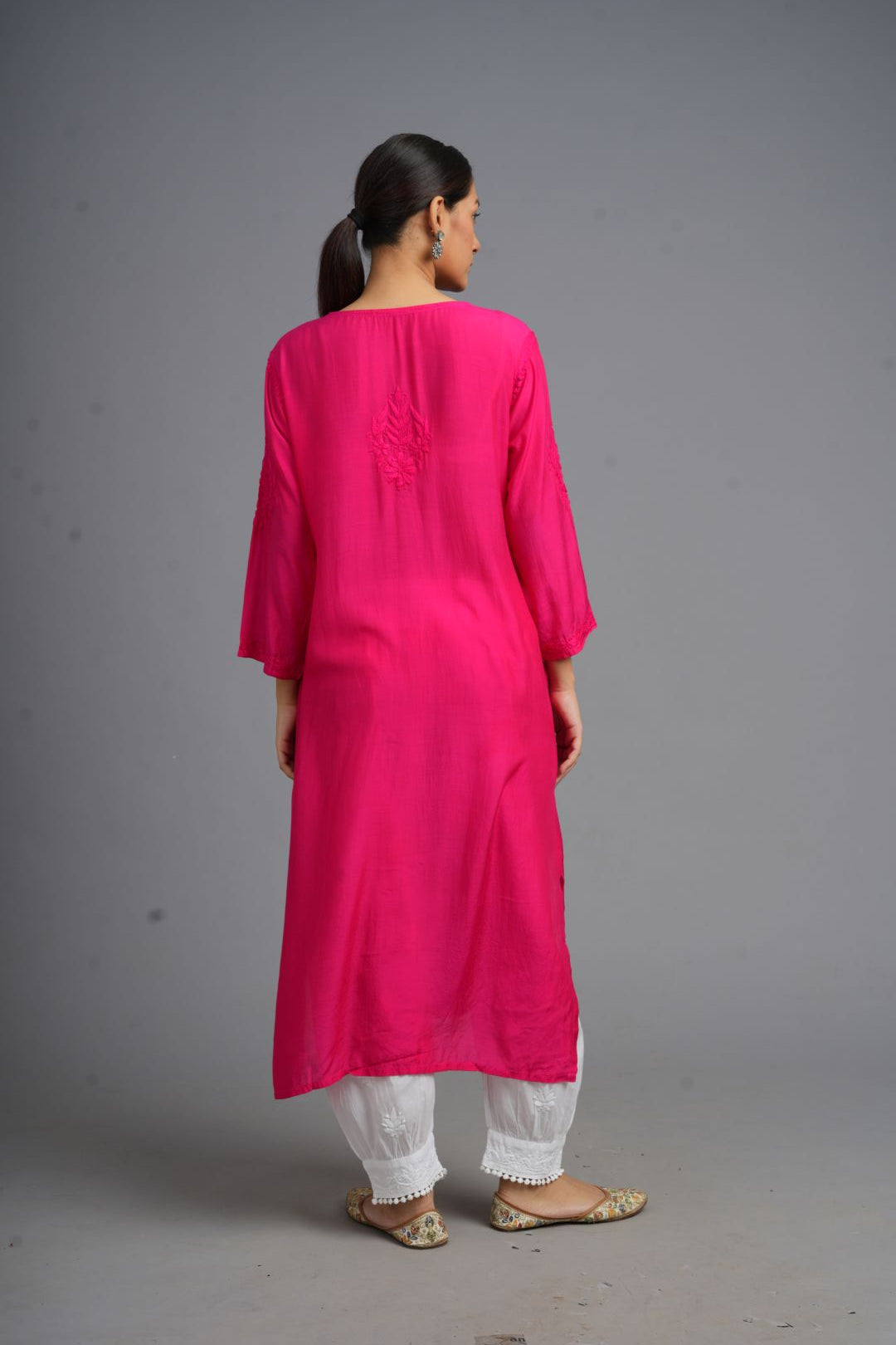 Your Highness: Luxurious Chikankari Premium Muslin straight kurti-Fuscia pink