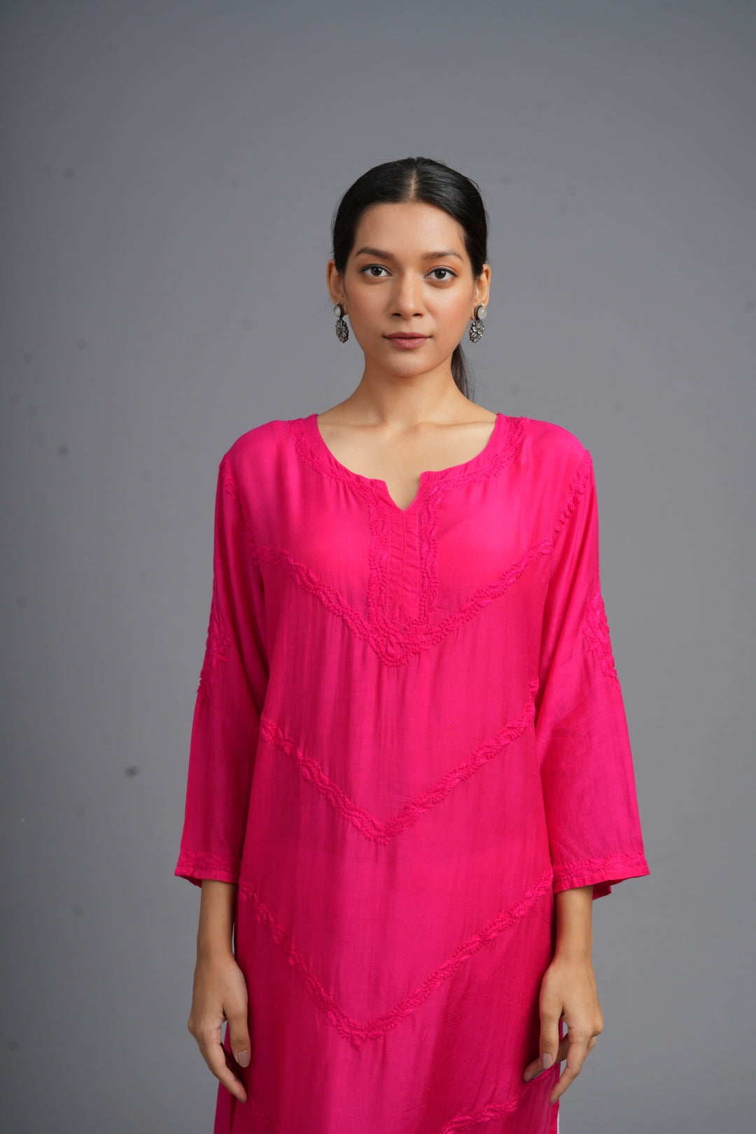 Your Highness: Luxurious Chikankari Premium Muslin straight kurti-Fuscia pink