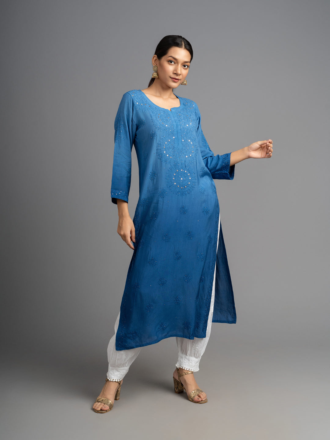 Shahana: Muslin Chikankari kurti,crafted with fine Bakhiya embroidery & Mukhesh work