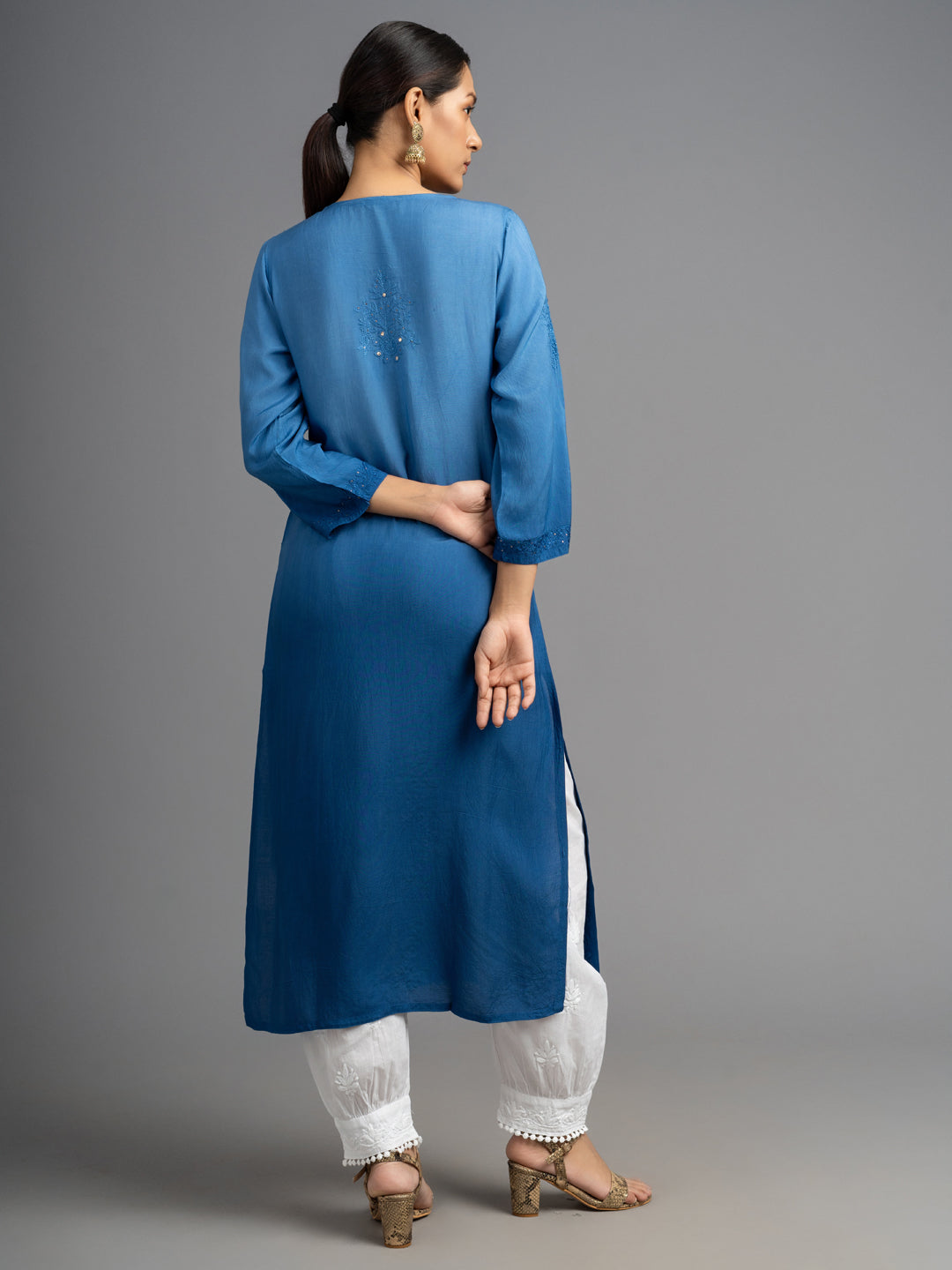 Shahana: Muslin Chikankari kurti,crafted with fine Bakhiya embroidery & Mukhesh work