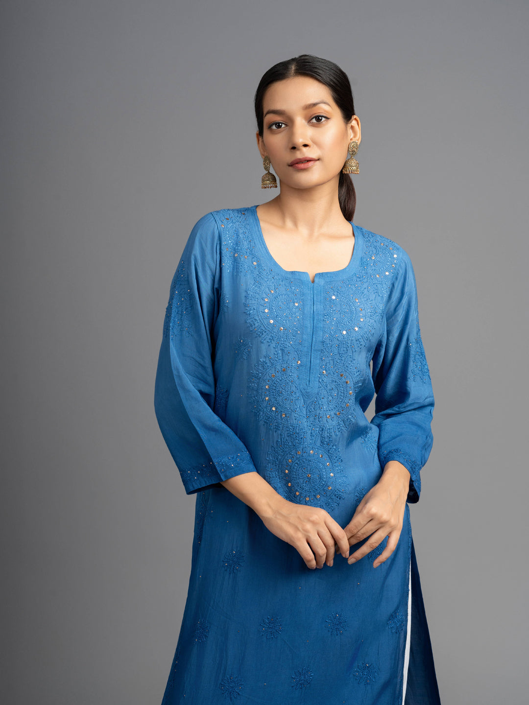 Shahana: Muslin Chikankari kurti,crafted with fine Bakhiya embroidery & Mukhesh work