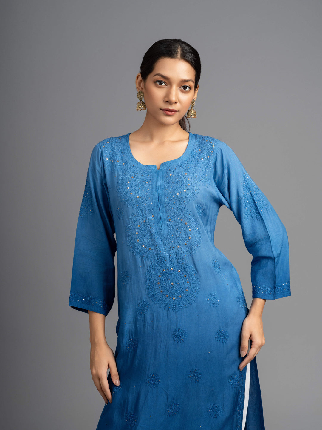 Shahana: Muslin Chikankari kurti,crafted with fine Bakhiya embroidery & Mukhesh work