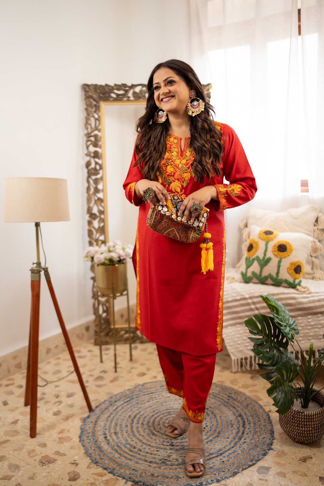 KHIZAN- Cotton Kashmiri AARI Red Kurta with Pant