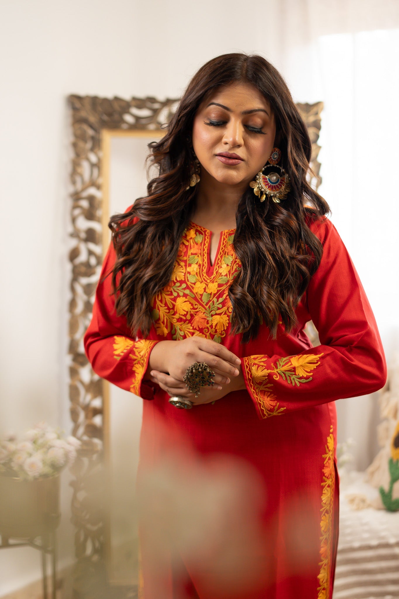 KHIZAN- Cotton Kashmiri AARI Red Kurta with Pant